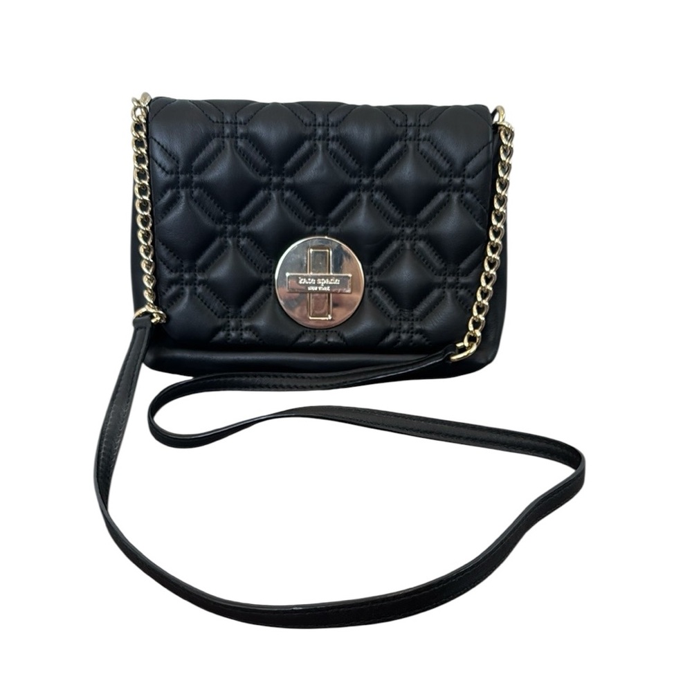 Kate Spade Y2K black cow leather mini crossbody quilted gold chain handbag